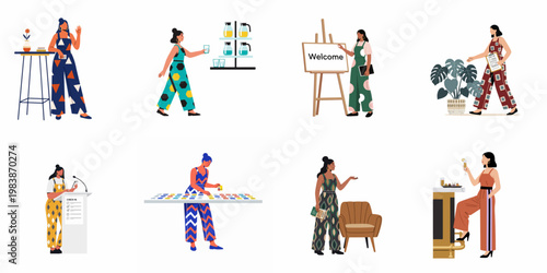 Collection of diverse women in stylish jumpsuits coordinating and participating in professional and social event activities like check-ins, welcoming, and catering.