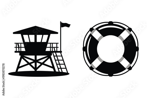 Maritime safety icons of a beach lifeguard tower and lifebuoy ring with lifebuoy