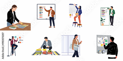 Collection of Flat Vector Illustrations Depicting Professionals Managing Backlogs, Task Boards, User Stories, and Project Priorities in an Agile Workflow Environment