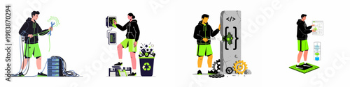 Set of flat vector illustrations depicting IT professionals engaged in server maintenance, legacy system modernization, software engineering, and digital system architecture.