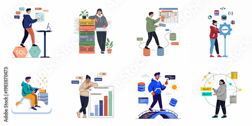 Set of eight flat vector illustrations featuring developers and data analysts working on SQL databases, performance optimization, cloud computing, and server management.