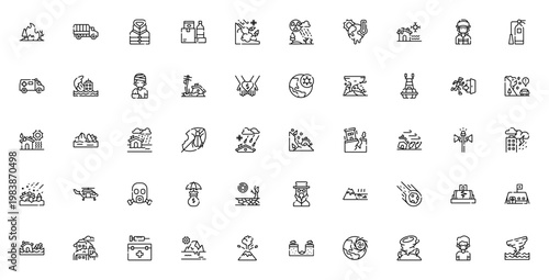Natural Disaster icon set. Vector emergency symbols collection. Includes wildfire, earthquake, flood, tsunami, hurricane, first aid, evacuation and more. Editable stroke.