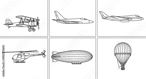 collection of six different aircraft and airship drawings including biplane jet helicopter blimp and hot air balloon