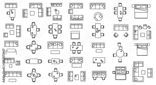 top view of various furniture arrangements like sofas tables and beds