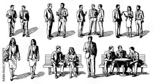 diverse business people engage in casual communication and professional meetings illustrating concepts of teamwork and collaboration in various settings.