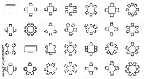 top view set of different conference and dining tables with chairs