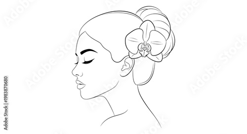 woman in profile with a serene expression and orchid flower evoking natural beauty wellness and self-care
