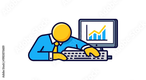 tired worker experiencing overwork and stress while performing business analysis and data analysis on a computer.