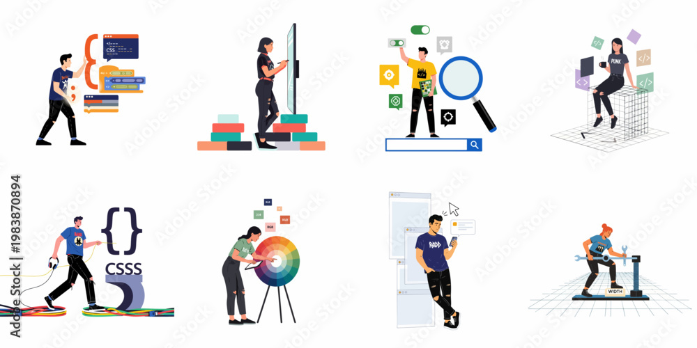 Fototapeta premium Set of flat vector illustrations of web developers and designers engaged in coding, UI/UX design, and digital application development projects.