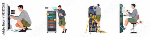 Set of illustrations depicting an IT technician performing various maintenance tasks on server racks in a data center, from cabling to monitoring.