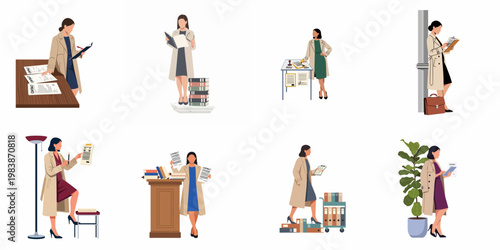 A set of flat illustrations featuring a professional female lawyer in a trench coat managing legal documents, books, and contracts in various office poses.