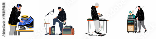 Collection of flat vector illustrations featuring music producers, DJs, and musicians working with various professional audio equipment and instruments in a studio.