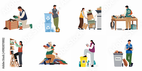 Set of people engaging in various recycling activities like sorting glass, plastic, metal, and e-waste, composting, and practicing a sustainable, zero-waste lifestyle.