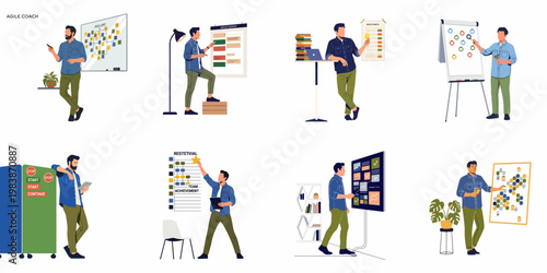 Collection of illustrations featuring an agile coach managing projects, using sticky notes, charts, and digital dashboards for team productivity and business training.