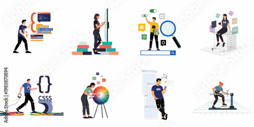 Set of flat vector illustrations of web developers and designers engaged in coding, UI/UX design, and digital application development projects.