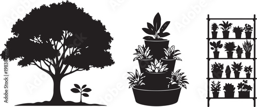 Silhouette of a mature tree with a seedling beside it cascading potted plants and a plant shelf isolated on white background