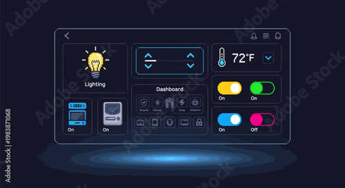 Smart home control panel interface with lighting thermostat and dashboard on a sleek futuristic display screen