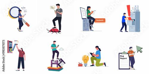 Set of flat character illustrations depicting diverse software quality assurance, bug tracking, reporting, and technical troubleshooting activities for web and mobile development projects.
