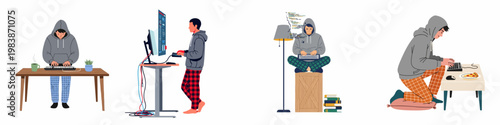 Set of illustrations depicting a young man in hoodies and pajamas working on computers, representing programmers, hackers, or remote workers in informal settings.