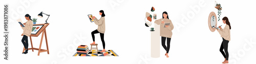 Collection of flat illustrations showing a female digital artist working in different environments using a tablet and stylus for creative design projects.