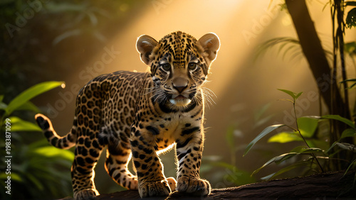 A young dawn   athletic jaguar baby cub acting dramatic in a calm and springlike, warm amber jungle sunlight, 