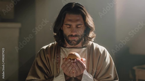Jesus Christ holding bread in prayer, symbolizing the Bread of Life and the sacredness of communion