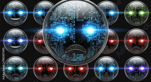 Circuit board faces with glowing eyes connect in network on black background representing ai and technology