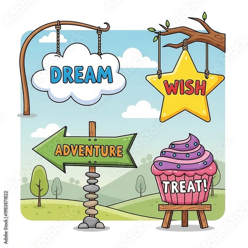 Whimsical Signpost: A vibrant illustration showcasing four playful signs: Dream, Wish, Adventure, and Treat, against a whimsical landscape backdrop, evoking a sense of fun and possibility.