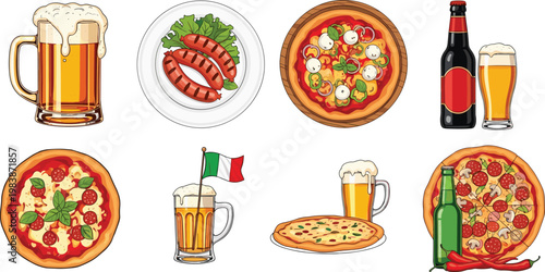 Italian Food and Beer Illustration Set with Pizza Sausage Beer Mug and Bottle for Restaurant Menu Design and European Cuisine Collection