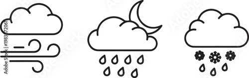 Weather forecast icons with wind rain and snow symbols during night Isolated on white background