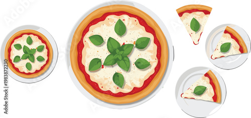 Margherita Pizza Illustration Set with Whole Pizza and Slices Top View for Italian Food Menu Restaurant Design Collection