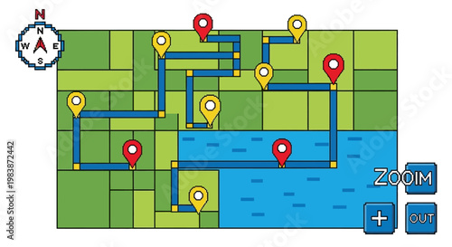 Detailed map with route paths location markers and zoom controls on a green and blue background