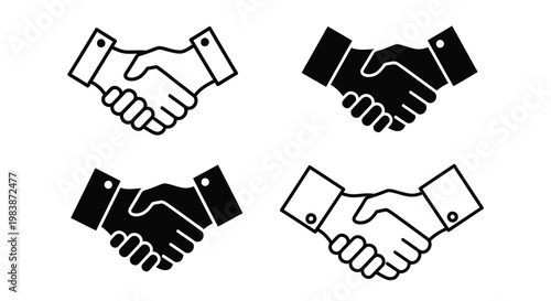 Four variations of a handshake depicted in black and white silhouette