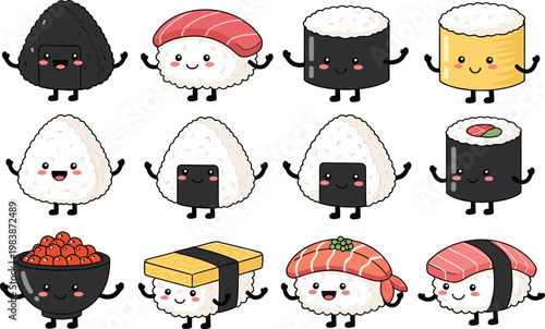 Cute Sushi Cartoon Character Set with Different Japanese Food Types and Happy Expressions for Kids Sticker Illustration and Restaurant Design