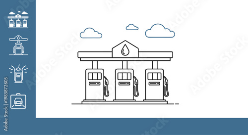 Minimalist line art illustration of modern gas station features three fuel pumps and automotive icons for service station.