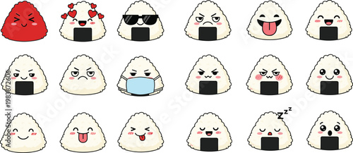 Cute Onigiri Rice Ball Cartoon Character Set with Different Emotions Expressions for Japanese Food Mascot Sticker Illustration Collection Design