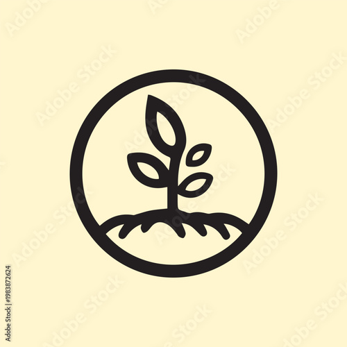 Simple elegant black icon of a growing plant sapling with roots in soil within a circle