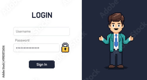 Cartoon businessman character standing in front of login page with username and password fields