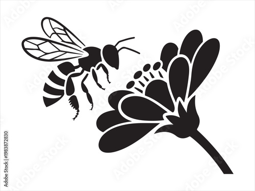 Bee Flying Near Flower Silhouette Pollination Nature Vector Illustration