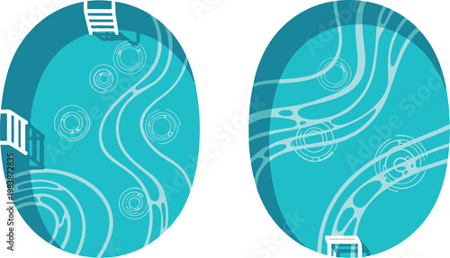 Illustrations of Swimming Pools with Water Slides and Flowing Water Features for Resort and Waterpark Designs