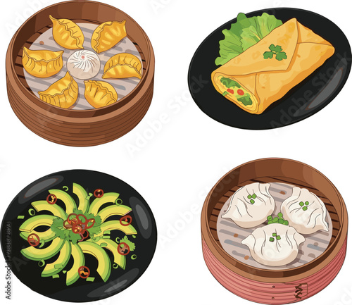 Asian Dumplings and Traditional Dishes Illustration Set with Dim Sum Rolls and Vegetable Plates for Restaurant Menu Food Design Collection