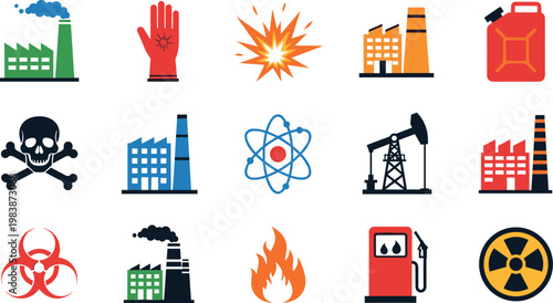Industrial Hazard Icons Including Explosion, Toxic Waste, Gasoline, Fire, and Chemical Symbols for Safety and Risk Management Designs