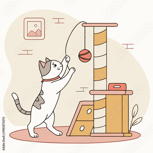 A white and brown cat playing with a ball on a string