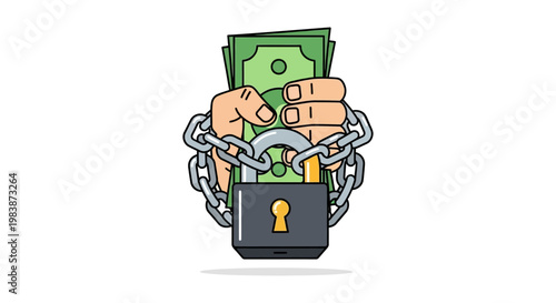 hands holding money bills secured by chain and padlock symbolizing financial security restricted funds and saving money.