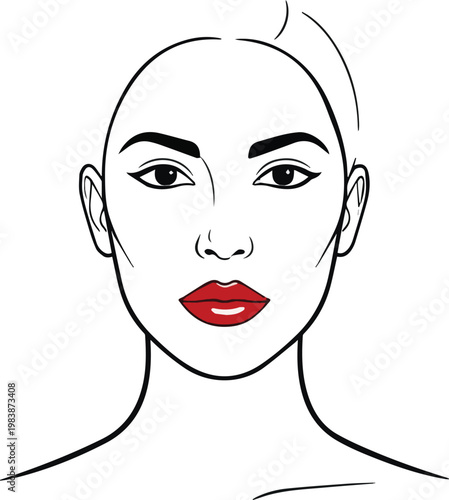  Generated on portrait of a woman. Beautiful woman's abstract face. black lines of contours, red lips vector art on white background