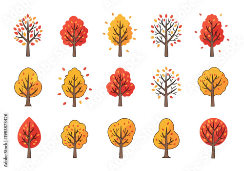 Collection of stylized autumn trees in warm colors, perfect for seasonal designs and nature themes
