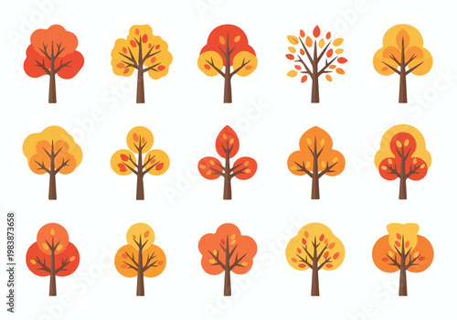 Collection of stylized autumn trees in warm colors, perfect for seasonal designs and fall themes