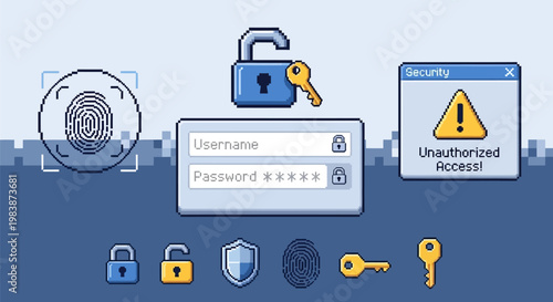 Secure login screen with password protection and unauthorized access warning icons on a blue background