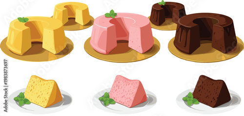 Pudding Dessert Illustration Set with Vanilla Strawberry and Chocolate Flavors for Sweet Food Menu and Bakery Design Collection
