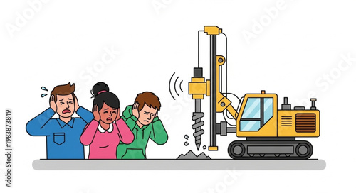 Construction drilling machine causing noise pollution affecting people.